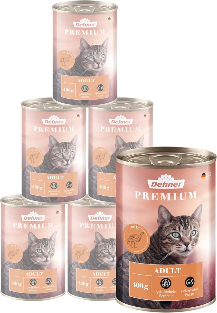 Dehner Premium Cat Food, Hrană umedă fără cereale, Pentru pisici adulte, Carne de vită, cutie 6 X 400 G (2,4 kg)