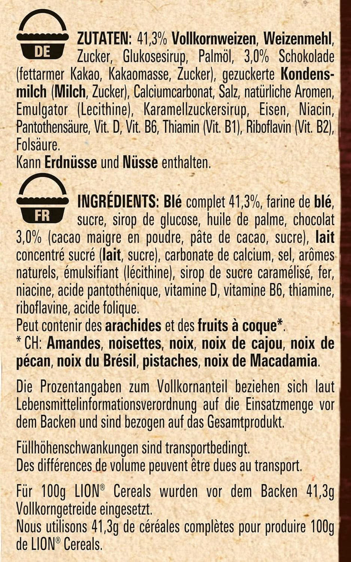 Cereale LION, Cereale de ciocolată cu caramel și 41% făină integrală, pachet 8 x 400 grame Cereale Naty Shop