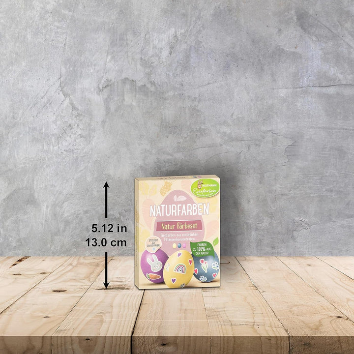 Set de vopsire naturală Heitmann Egg Dye, 3 pudre de colorare pe bază de ou (galben, violet, gri-albastru), foaie de autocolante din hârtie cu iarbă