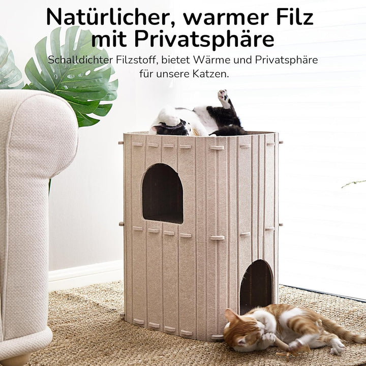FUKUMARU Peșteră pentru pisici, Peșteră robustă din fetru de înaltă calitate, Căsuță pentru pisici de interior, Pat pentru pisici cu 3 straturi, Peșteră pentru pisici pentru dormit, joacă și ascundere, Peșteră din fetru, Bej, 45 x 37 x 60 cm, Mare