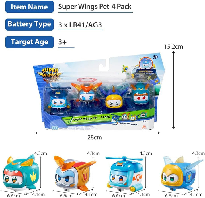 Super Wings Super Pets 4 PCS Shine, Golden Boy, Jerome, Ellie, cu expresie facială comutabilă, cu efect de fulger, portabil, jucărie pentru 3 4 5 6 7 8 ani băiat fată, 2 inci Action figures Naty Shop