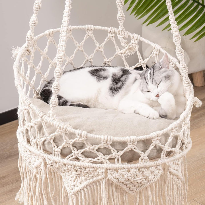 MEWOOFUN Hamac pentru pisici, țesut manual, din macrame - Leagăn pentru pisici de interior, pat decorativ suspendat pentru dormit, joacă și relaxare - Cuib de pisică, leagăn pentru animale de companie cu