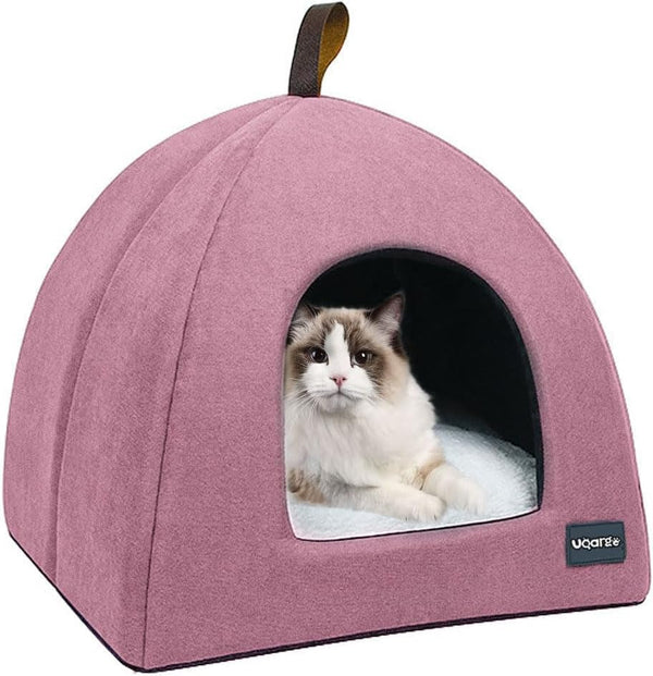 Pat pentru pisici, Peșteră moale pentru pisici, Pat pentru pisici din pluș moale și cald, Cuib pentru pisici cu pernă interioară detașabilă și lavabilă, Roz, M