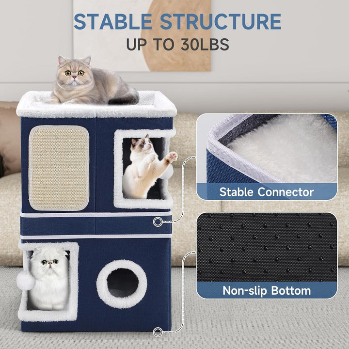 Căsuță pentru pisici Shikha cu 3 straturi, peșteră pliabilă pentru pisici mari, 40L*40l*63H cm, cub pentru pisici de interior, divizibilă în 2 peșteri mari pentru pisici cu ascunzătoare pentru pisici, pat pentru pisici cu zgârietură și minge de joacă