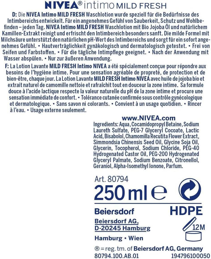 NIVEA, Loțiune de spălare intimă cu acid lactic, extract de mușețel și ulei organic de jojoba, 250 ml Duș și baie Naty Shop