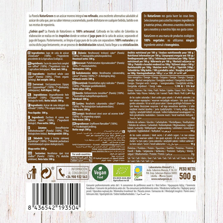 - Organic Crystallised Panel, Pure Sugar, Ecological Sweetener, Natural Sugarcane Juice - 500G, Pack of 12 Indulcitori Naty Shop