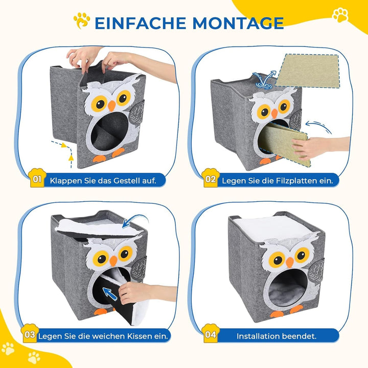 Dripex Peșteră pentru Pisici, Căsuță din Fetru cu 2 Niveluri, Inclusiv Pernă, Peșteră Pufoasă pentru Pisici, unde pot Dormi, Se Ascunde și Se Joacă, 30 x 35 x 35 cm (Bufniță)