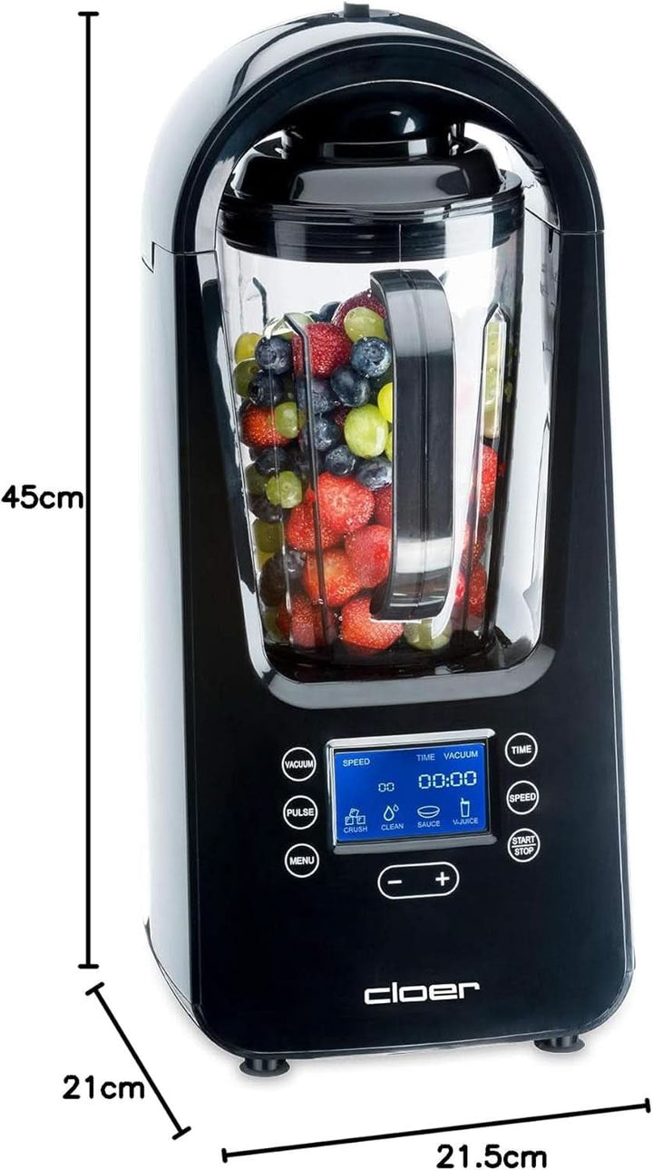 Cloer 6980 Vakuum Standmixer / 800 Watt / 21.000 U/Min. / Inkl. Vorratsbehälter/Vakuumventil/Automatikprogramme/Eis-Crush-Funktion/Reinigungsfunktion/Schwarz, 1500 Milliliters Bucatarie Naty Shop