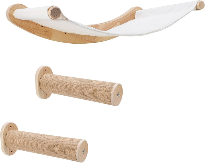 Suport de perete pentru hamac pentru pisici, set de perete de cățărat din lemn masiv cu scări pentru pisici - Pat stabil pentru pisici, mobilier pentru pisici care economisește spațiu, pentru dormit, cățărat și odihnă (Hamac pentru pisici)