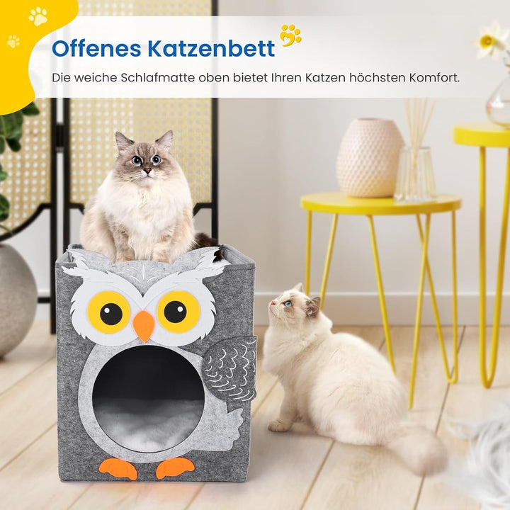 Dripex Peșteră pentru Pisici, Căsuță din Fetru cu 2 Niveluri, Inclusiv Pernă, Peșteră Pufoasă pentru Pisici, unde pot Dormi, Se Ascunde și Se Joacă, 30 x 35 x 35 cm (Bufniță)