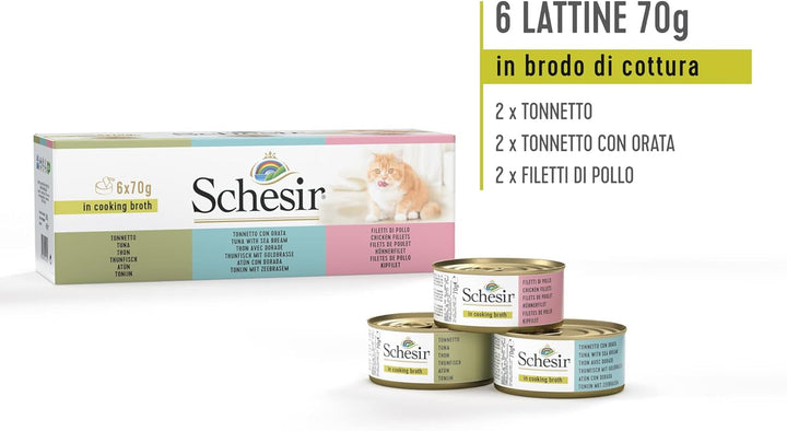 Cat in Broth - Hrană umedă pentru pisici cu ton, file de pui și doradă în propriul bulion de gătit, compatibilitate ridicată, Multipack în cutii (6 X 70 G)