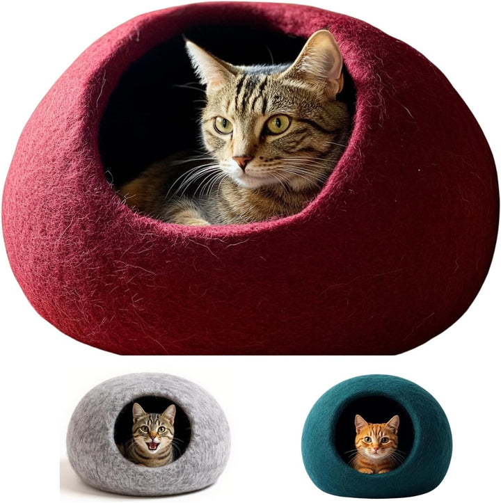 Pat pentru pisici XL, Peșteră pentru pisici – Lână Romney fină – Îmâslită puternic – Robustă la exterior și moale la interior – Lavabilă la mașină (petrol)