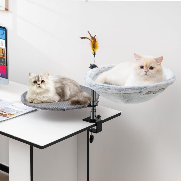 Pat pentru pisici Uross pentru birou - Rotabil la 360° și reglabil pe înălțime, Hamac moale pentru pisici cu 2 huse lavabile, Loc de dormit pentru pisici la birou - Utilizare pe tot parcursul anului (Bej)