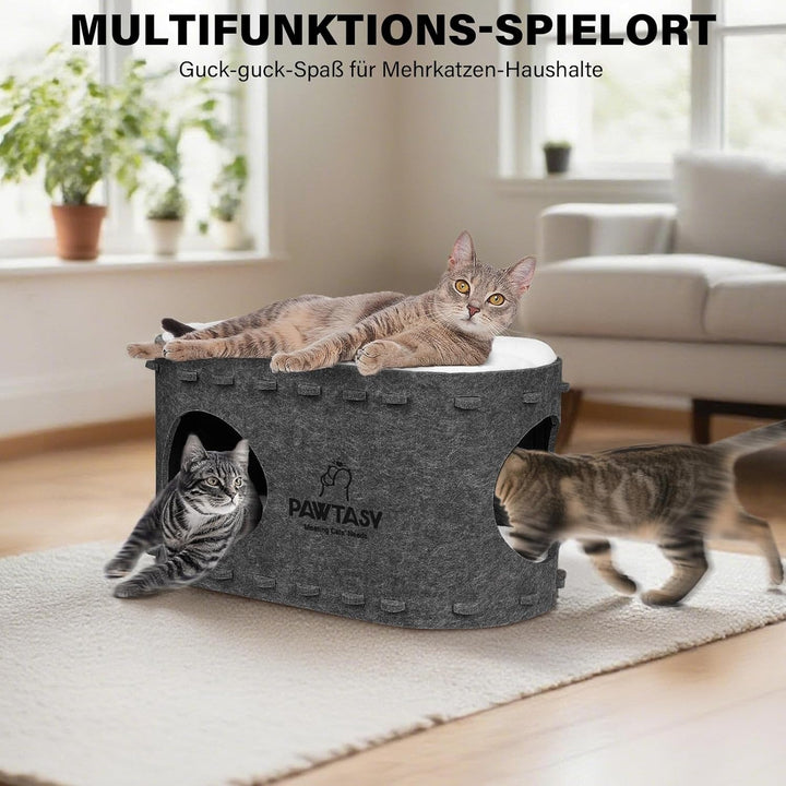 Pat pentru pisici Pawtasy, din fetru, cu 2 perne moi și detașabile, rezistent la iarnă, protecție pentru unghiile pisicii, 58A x 33L x 30Î cm, gri închis
