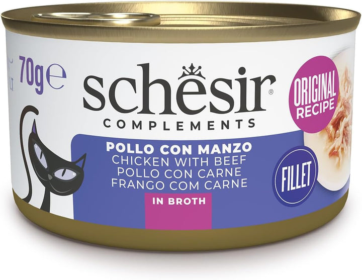 , File de pui cu carne de vită în bulion, Hrană umedă complementară pentru pisici, Rețetă originală, 100% naturală, 12 cutii la 70 G