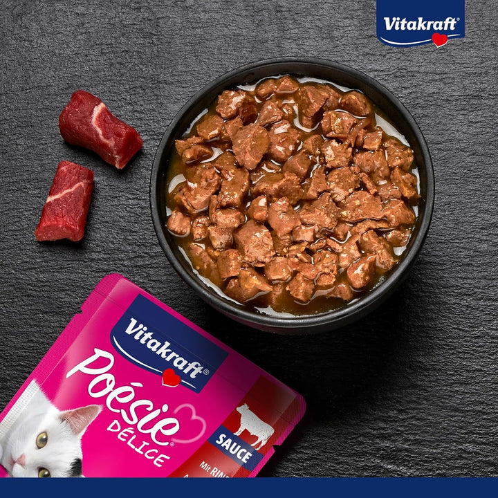 Vitakraft Poésie Délice, hrană umedă pentru pisici, hrană umedă pentru pisici în sos, cu carne de vită, preambalată, fără adaos de zahăr și cereale (23X 85G)