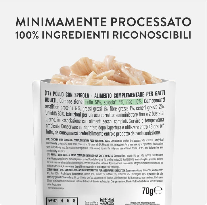 , File de pui cu spigola în jeleu, Hrană umedă complementară pentru pisici, Rețetă originală, 100% naturală, 12 pungi a câte 70 g