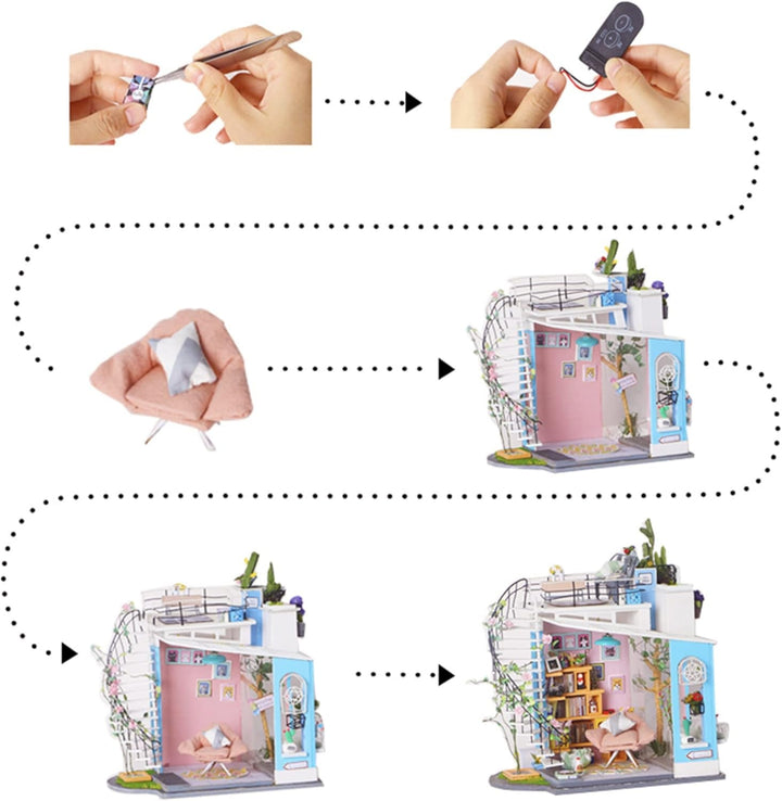 Robotime DG12 Rolife Dora'S Loft Casă de păpuși în miniatură din lemn, metal, țesătură și carton, dimensiuni: 23 X 16 X 26 cm, 248 de piese Casute de papusi Naty Shop