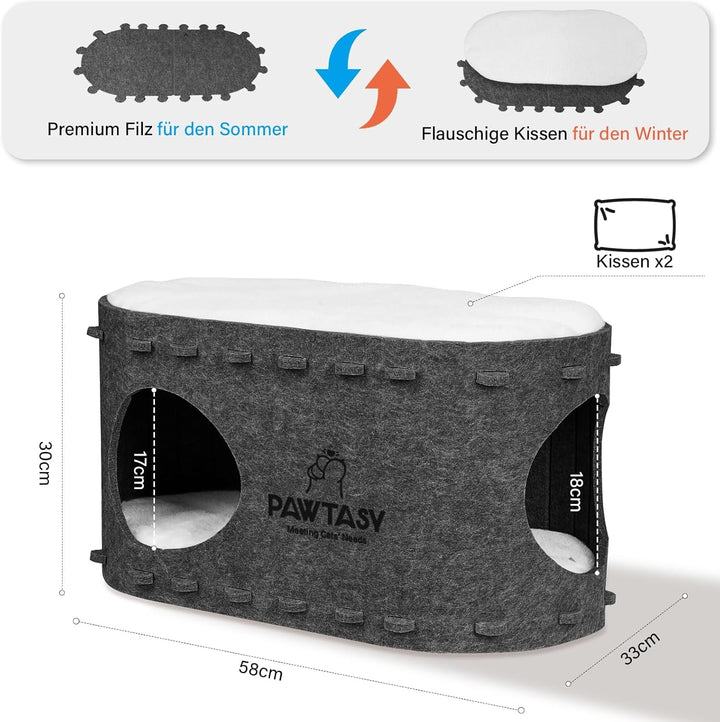 Pat pentru pisici Pawtasy, din fetru, cu 2 perne moi și detașabile, rezistent la iarnă, protecție pentru unghiile pisicii, 58A x 33L x 30Î cm, gri închis