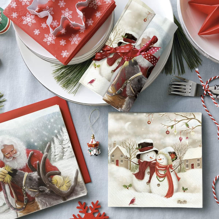 PAW - Șervețele 3 straturi (33 X 33 Cm) I 20 bucăți I Șervețele de hârtie colorate perfecte pentru masa de Crăciun I Șervețele - Crăciun, iarnă, stele, zăpadă, oameni de zăpadă I Familia Snowy