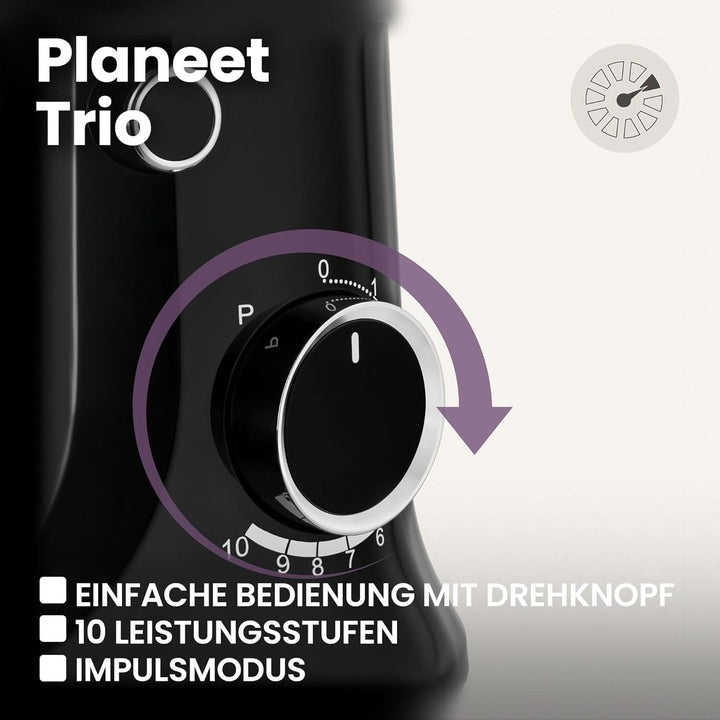 ZEEGMA PLANEET TRIO Planetenroboter, 1500 W, Multifunktionale Küchenmaschine Mit 3 Schüsseln 4 L, 4,5 L Und 5,2 L, 10 Betriebsgeschwindigkeiten, Mixer Mit Haken, Schneebesen (Schwarz) Mama si Copilul Naty Shop