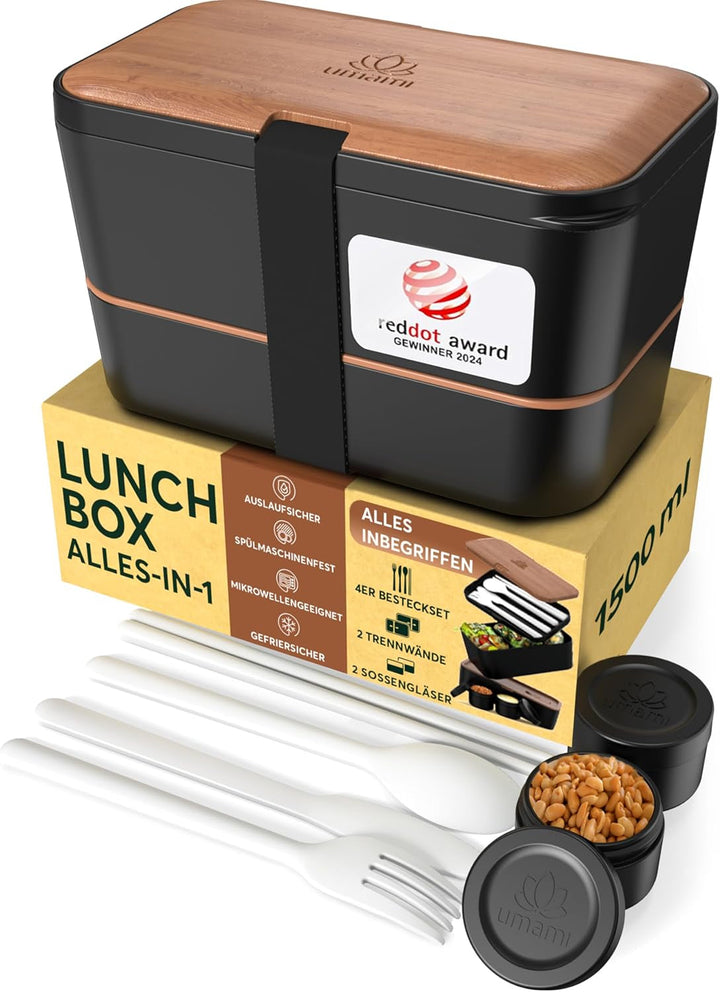 Cutie de prânz Umami pentru adulți, cutie bento stivuibilă etanșă cu 4 tacâmuri și compartimente, cutie de prânz pentru adulți, recipient pentru salată to-go, cutie de prânz pentru picnic / birou, gri cărbune, 1500 ml