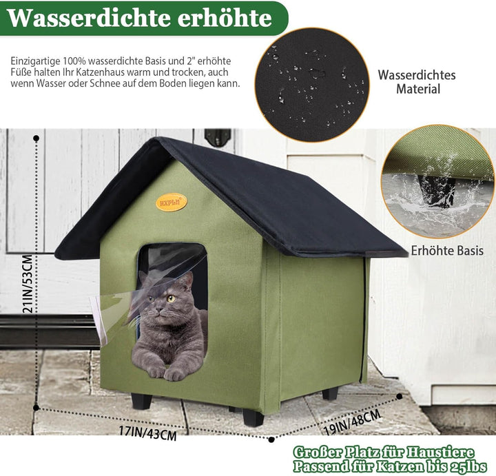 Căsuță încălzită pentru pisici, căsuță pentru exterior, rezistentă la iarnă, impermeabilă cu bază ridicată, căsuță pliabilă pentru pisici sălbatice, pisici de comunitate și câini de talie mică (verde)