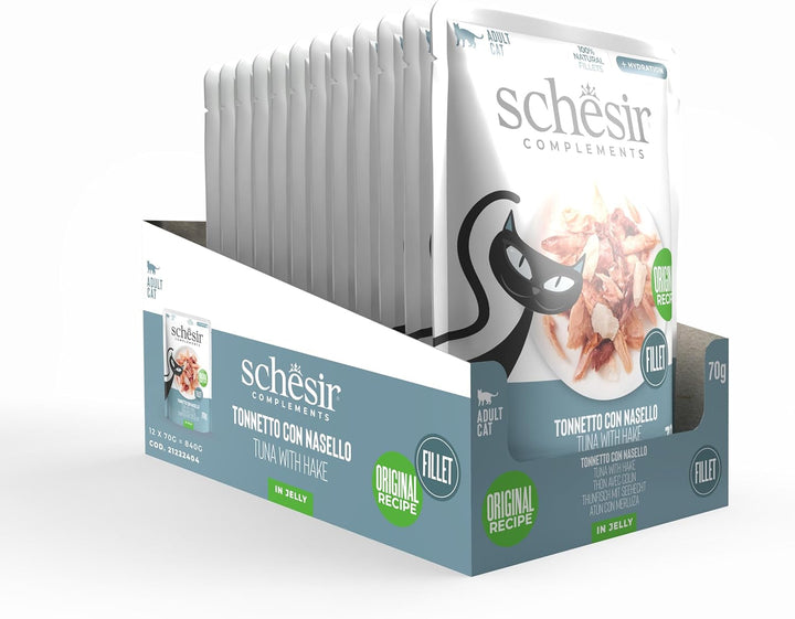 , File de ton cu merluciu în jeleu, Hrană umedă complementară pentru pisici, Rețetă originală, 100% naturală, 12 pungi a câte 70 g