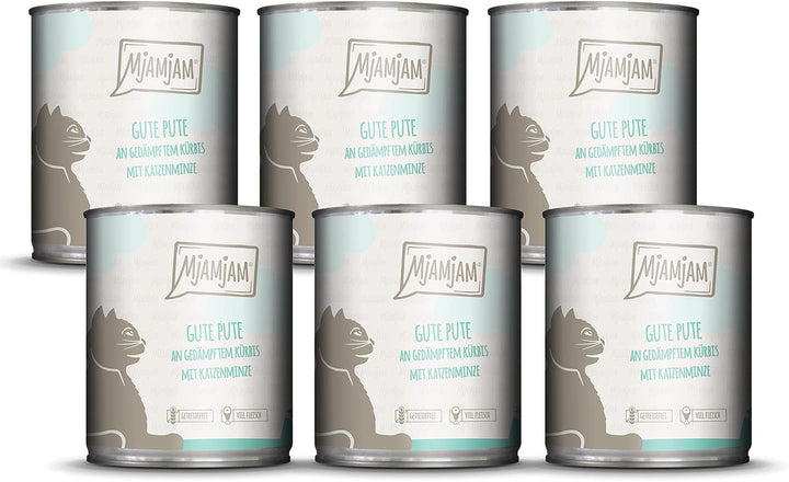 Mjamjam - Hrană umedă premium pentru pisici - Curcan bun cu dovleac aburit, pachet de 6 (6 X 800 G) & Hrană umedă premium pentru pisici - Rață și pasăre fragedă cu morcovi delicioși, pachet de 6 (6 X 800 G)