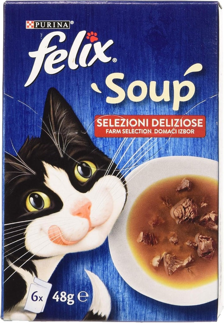 Purina Soup Original Hrană umedă pentru pisici cu carne de vită, pui și ton, 8 pachete a 48 de pungi a câte 48 g