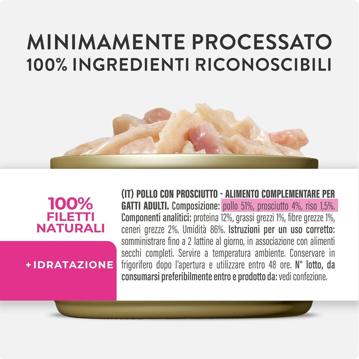 , File de pui cu șuncă în jeleu, Hrană umedă complementară pentru pisici, Rețetă originală, 100% naturală, 12 cutii la 70 G