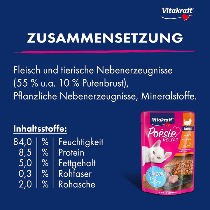 Vitakraft Poésie Délice, Junior, hrană umedă pentru pisici, hrană umedă în sos, cu curcan, preambalată, pentru pisici tinere, fără adaos de zahăr și cereale (23X 85G)