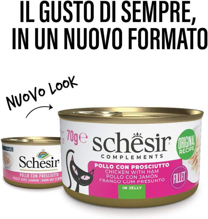 , File de pui cu șuncă în jeleu, Hrană umedă complementară pentru pisici, Rețetă originală, 100% naturală, 12 cutii la 70 G