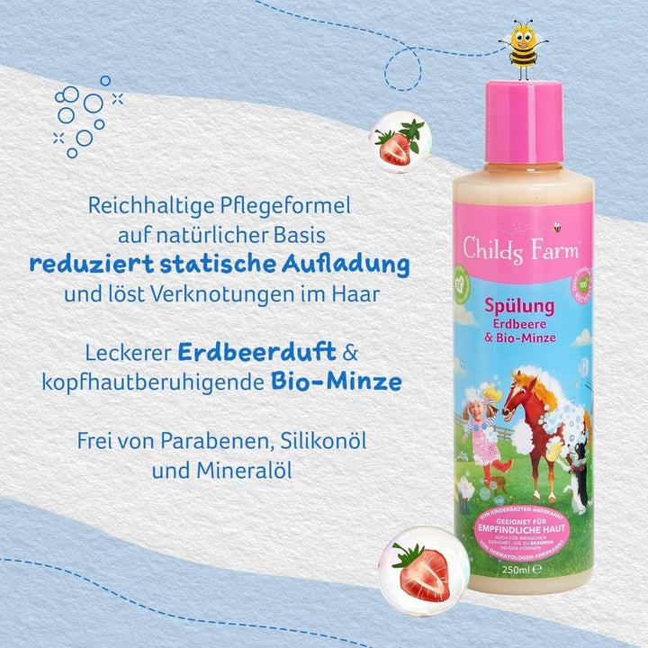 Balsam Childs Farm pentru copii 250 ml | Căpșuni și mentă organică | Toate tipurile de păr | Hrănește și hrănește | Potrivit pentru pielea uscată, sensibilă și predispusă la neurodermatită Copii - Baie si Skincare Naty Shop