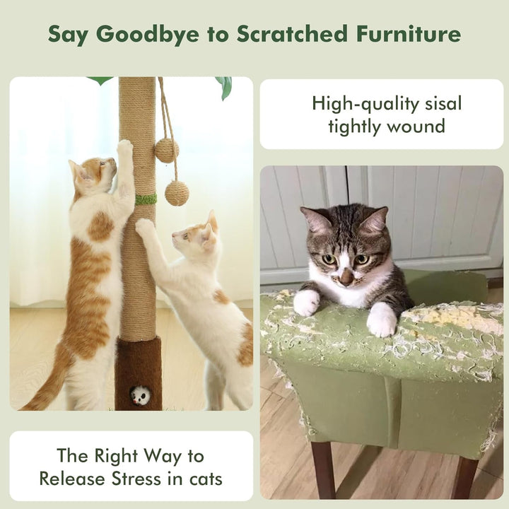 Stâlp de zgâriat pentru pisici, înălțime 89,9 cm, stâlp de zgâriat pentru pisici de interior cu jucării, gaură pentru șoarece și minge interactivă din lemn pentru pisoi, adulți și pisici
