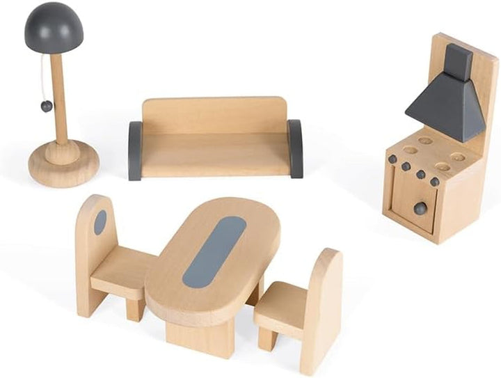 Janod - Casa de păpuși din lemn Mademoiselle, 3 etaje și cu 11 accesorii, replică de jucărie, dezvoltă imaginația, de la 3 ani, J06581, roz Casute de papusi Naty Shop