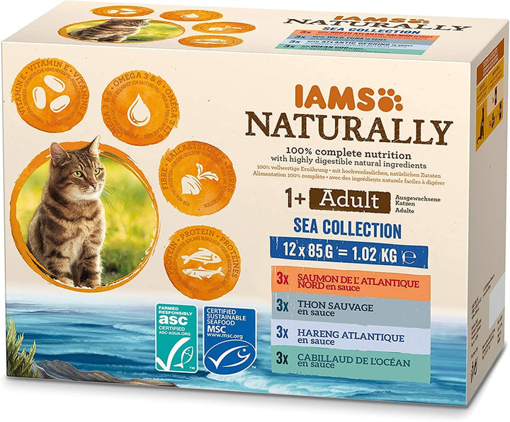 IAMS Naturally Cat Food Wet in Sauce - Hrană umedă de înaltă calitate cu carne și pește pentru pisici adulte, Land & Sea Collection, 12 X 85 G