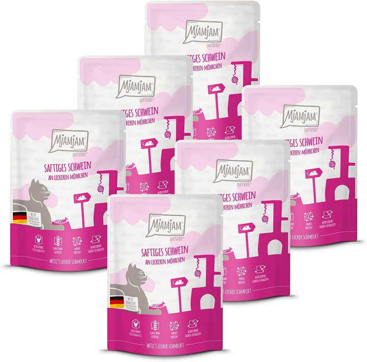 Mjamjam - Hrană umedă premium pentru pisici - Squeeze - Porc suculent cu morcovi delicioși, pachet de 6 (6 X 300G), fără cereale cu extra carne