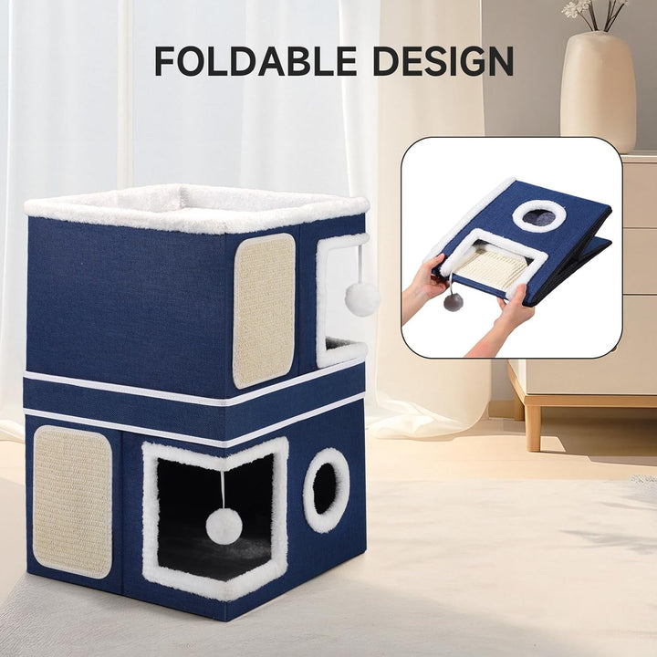 Căsuță pentru pisici Shikha cu 3 straturi, peșteră pliabilă pentru pisici mari, 40L*40l*63H cm, cub pentru pisici de interior, divizibilă în 2 peșteri mari pentru pisici cu ascunzătoare pentru pisici, pat pentru pisici cu zgârietură și minge de joacă