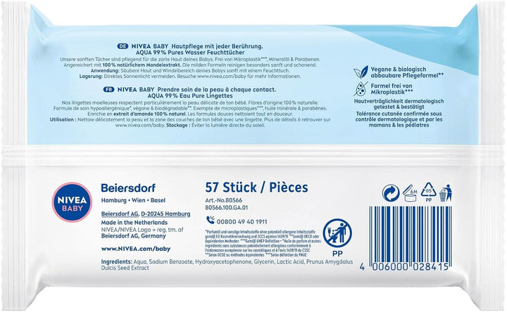 NIVEA Baby AQUA Feuchttücher, Baby Feuchttücher Zur Sanften Reinigung Empfindlicher Haut, Hypoallergene Und Parfümfreie Feuchttücher Für Babys Mit 99% Wasser (1 X 57 Stück) Servetele Umede Bebelusi Naty Shop