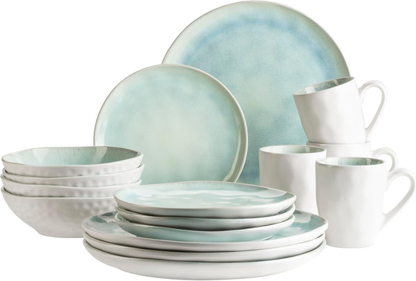 MÄSER Serie Frozen, Geschirr Set Aus Keramik Für 4 Personen, 16-Teiliges Kombiservice Mit Organischen Formen, Farblich Gesprenkeltes Service, Steinzeug, Türkis-Grün Seturi vesela masa Naty Shop Türkis-Grün