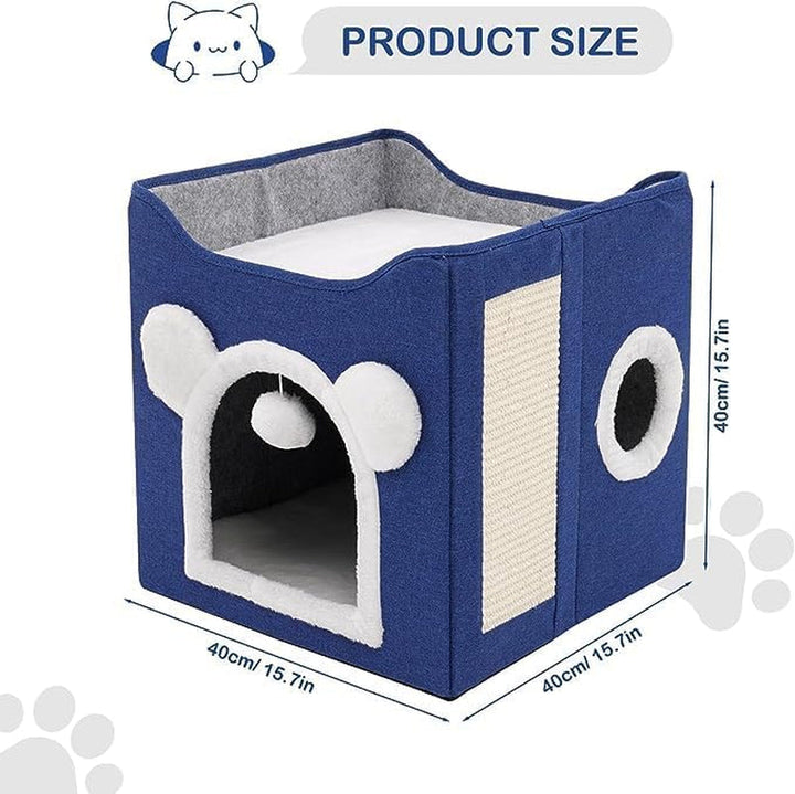 Casă pliabilă pentru pisici, casă mare pentru pisici, peșteră pentru pisici și câini mici, cu zgârietură și minge pufoasă, albastră