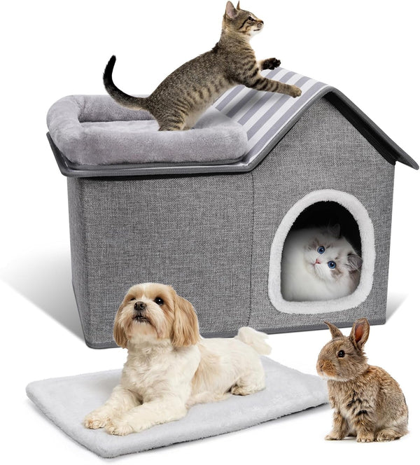 Pat pentru pisici Zvonema, Peșteră pentru pisici, Pat lavabil pentru câini, Pat pliabil 2 în 1 pentru animale de companie, Casă pentru pisici de interior cu pernă detașabilă din pluș, Îmbunătățește somnul, Casă pentru pisici de exterior, pentru căței