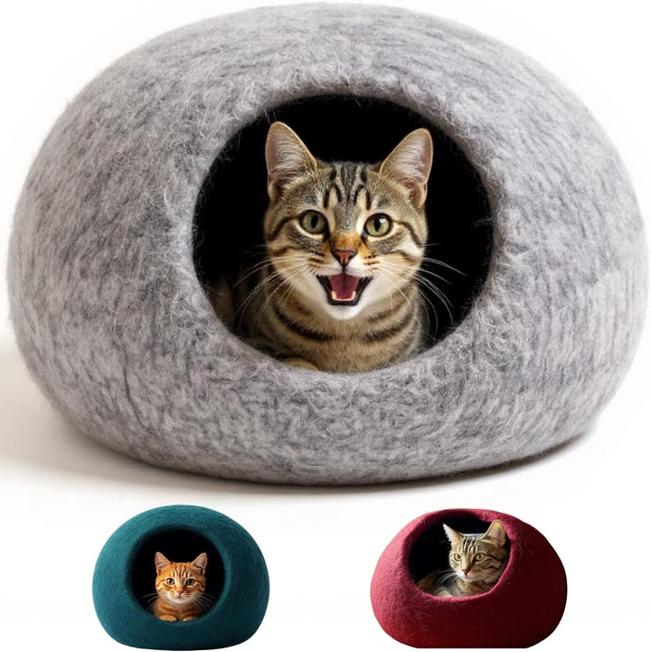 Pat pentru pisici XL, Peșteră pentru pisici – Lână Romney fină – Îmâslită puternic – Robustă la exterior și moale la interior – Lavabilă la mașină (petrol)