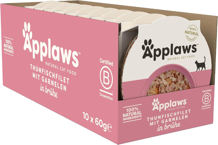 Applaws 100% hrană umedă naturală pentru pisici, file de ton cu creveți în oală cu bulion, 60G (10 X 60G)