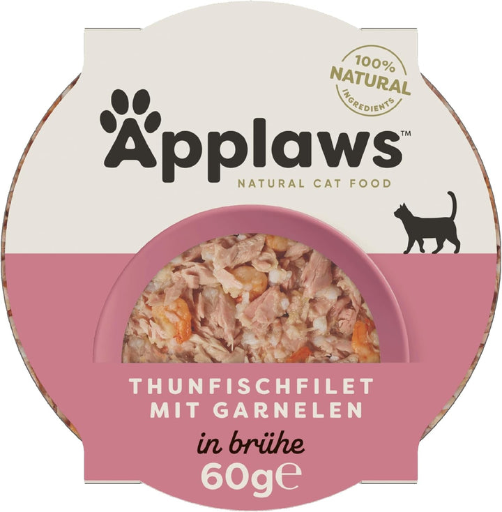 Applaws 100% hrană umedă naturală pentru pisici, file de ton cu creveți în oală cu bulion, 60G (10 X 60G)