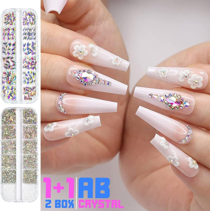 2630 buc pietre strălucitoare cristal AB pentru unghii, 120 pietre strălucitoare mari de 12 tipuri + 2510 pietre rotunde din sticlă K9 de 6 dimensiuni pentru unghii, strasuri, design de unghii, brelocuri pentru unghii pentru arta feței