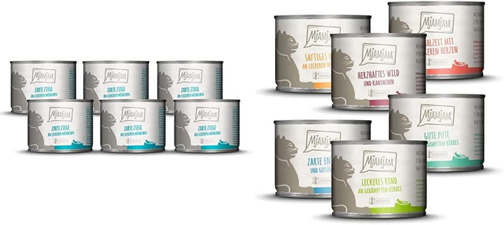 Mjamjam - Hrană umedă premium pentru pisici - Curcan bun cu dovleac aburit, pachet de 6 (6 X 800 G) & Hrană umedă premium pentru pisici - Rață și pasăre fragedă cu morcovi delicioși, pachet de 6 (6 X 800 G)