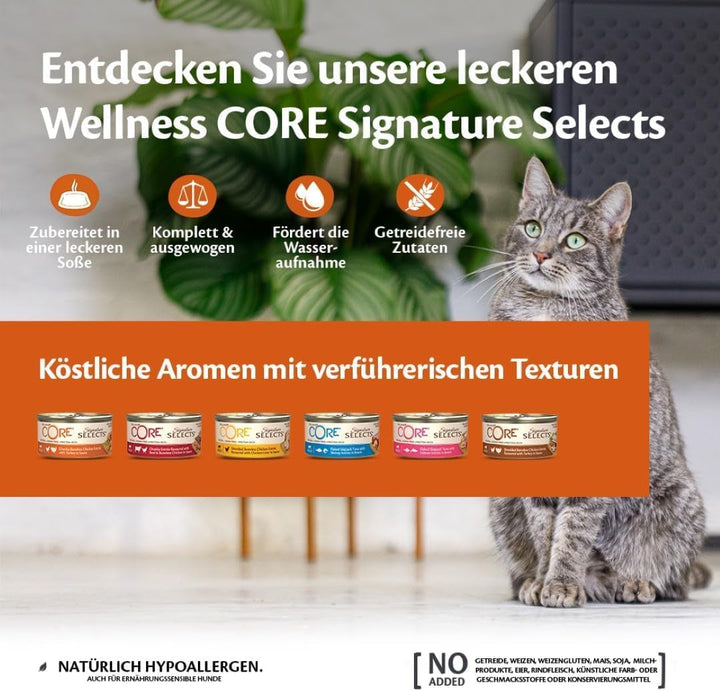 Wellness CORE Signature Selects Fish Bundle, 48 X 79G, fulgi de bonito și creveți, fulgi de bonito și somon, hrană umedă pentru pisici adulte în bulion, fără zahăr adăugat, fără cereale, cu conținut ridicat de carne