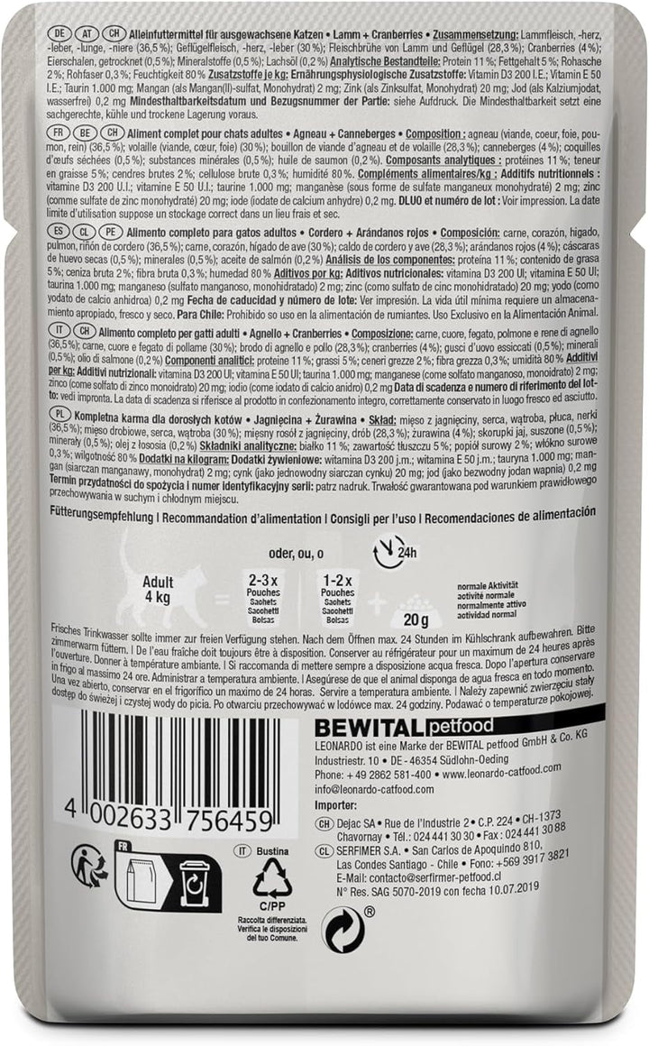 LEONARDO Fresh Pouch [16X85G Lamb + Cranberries] | Hrană umedă fără cereale pentru pisici | Hrană umedă completă în pungă cu porție unică